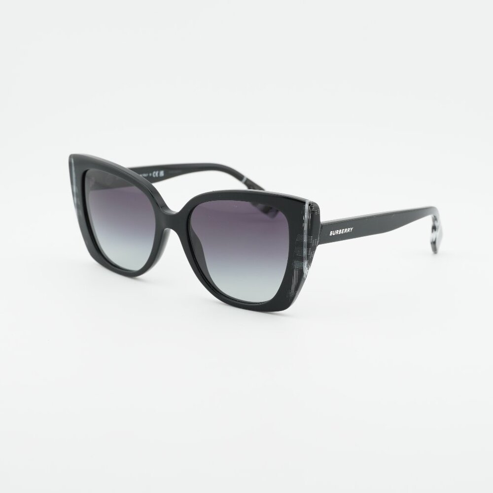 Burberry BE4393 40518G Sunglasses Black/Check White Cat Eye Frame, Grey Lenses